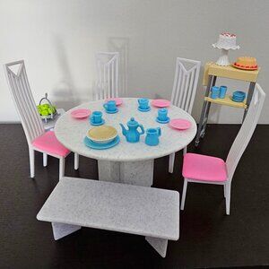 Barbie Dining Room with Table & chairs, bench, table, serving cart, and dishes
